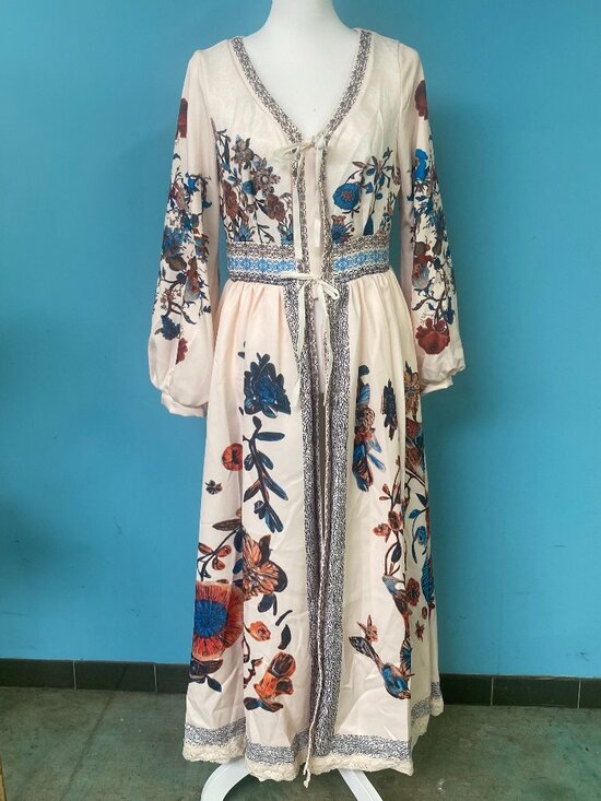 Dresses & Skirts - Boho Floral Maxi Dress Cream Blue Rust Peasant Prairie M